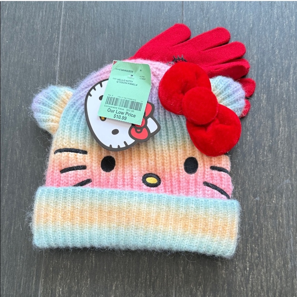 Hello Kitty Multicolor Knit Hat/Red Gloves - Picture 3 of 3